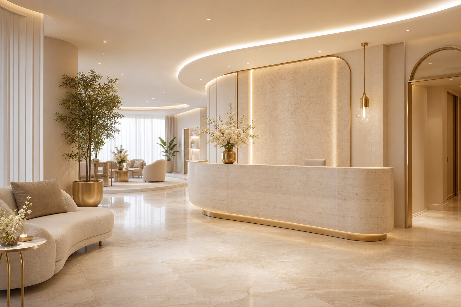 Ambiente interno acolhedor com tons claros e dourado suave